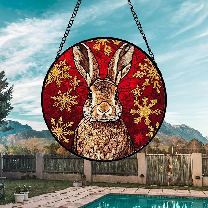 DASTOLL Stained Glass Window Hanging 4 Pcs Set Red Golden Snowflakes Large 15" - Christmas Elk Rabbit Suncatcher Door Garden Sun Catcher Decor Birthday for Mom Woman Nana Men