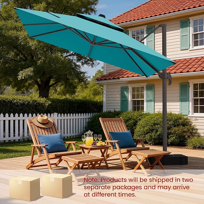 HASLE OUTFITTERS 10x10 FT Patio Cantilever Umbrella with Base, Outdoor Offset Large Square Heavy Duty Double Top Umbrellas with 360° Rotation for Pool Garden Deck，Turquoise