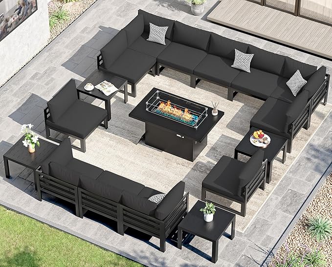 NICESOUL 17 Piece Extra Large Aluminum Patio Furniture Set with Fire Pit Table & End Table, 29" Deep Wide Seating, 500 lbs High Weight Capacity, Comfortable Outdoor Sectional Sofa for Poolside, Black