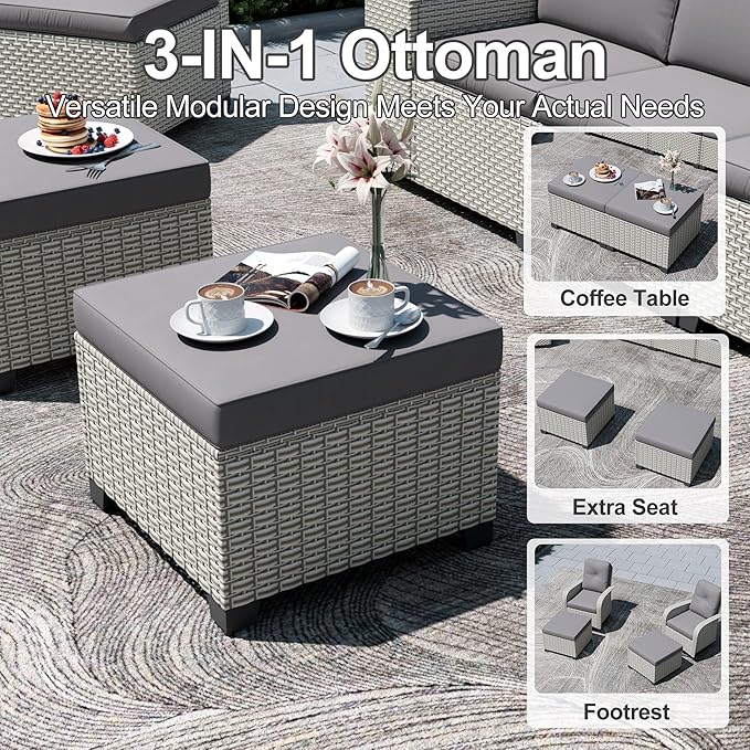 12-Piece Outdoor Patio Furniture Set with Fire Pit, Modular Sectional Sofa Set with Swivel Rocker Chairs & Ottomans, Wicker Outdoor Couch Conversation Sets w/Coffee Table and Cushions, Gray