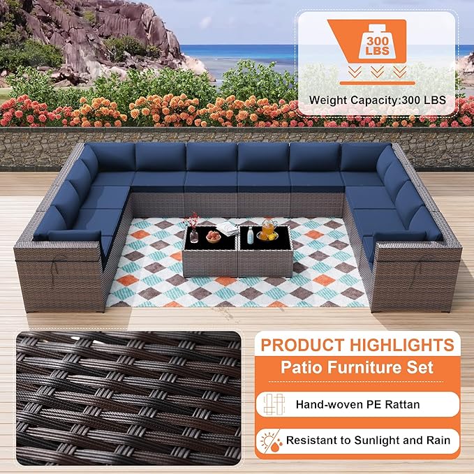 ALAULM 14 Pieces Patio Furniture Set Wicker Patio Conversation Set, Outdoor Sectional Furniture w/Coffee Table & Washable Seat Cushions-Dark Blue