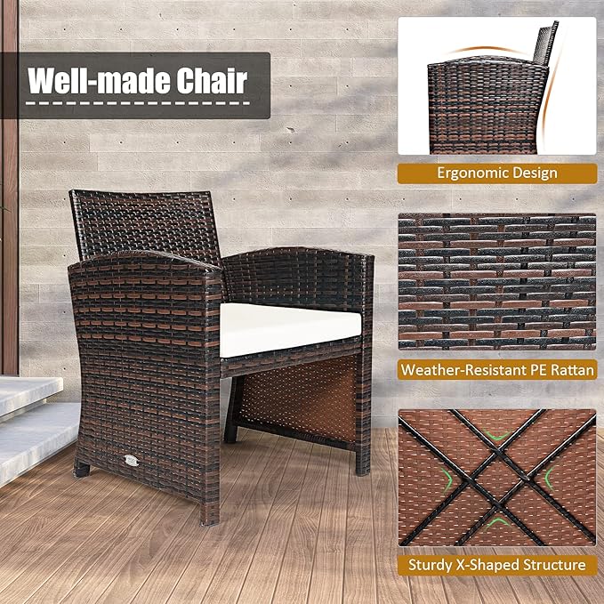 Tangkula 3-Piece Outdoor PE Rattan Furniture Set, Patio Conversation Set w/Chair & Storage Coffee Table, Detachable Cushion, Stable X-Shaped Frame, Perfect for Garden, Backyard, Poolside (White)