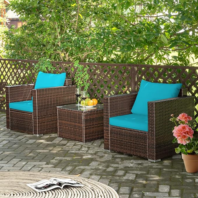 Patio Conversation Set Outdoor, 3-Piece Rattan Wicker Furniture Set with Water-Resistant Cushion & Tempered Glass Tabletop, Patio Furniture Set for Balcony, Porch, Poolside (Turquoise)