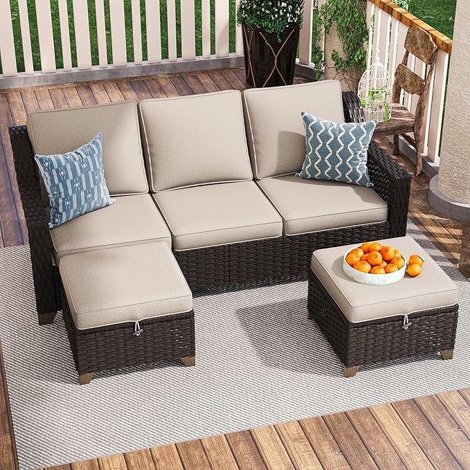 3 Pieces Outdoor Conversation Furniture Set - 77" Patio Sofa, 2 Rattan Wicker Ottomans, Patio Wicker Couch Set with Water-Resistant and Washable Cushions for Sunroom, Deck, Porch (Beige)