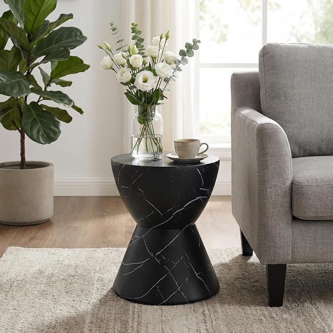 Outdoor Side Table, Black Marble Finish, Hourglass Shape