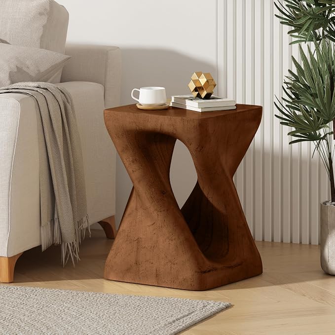 Lightweight Concrete Outdoor Side Table,Twist Shape Outdoor End Table, Wood-Like Texture Modern Small Accent Table for Patio Garden Balcony Porch Antique Brown 16" H