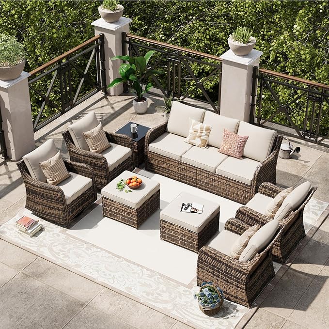 MEISSALIVVE 8 Pieces Patio Furniture Set with Swivel Chair, Wicker Patio Sofa, Rattan Conversation Set with Three-seat Sofa, 2 Fixed Single Chair for Lawn Backyard (Brown)