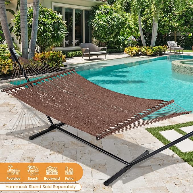 Lazy Daze Hammocks 13 FT Extra Large 2+ Person Caribbean Rope Hammock, Hand Woven Polyester XL Hammock with Spreader Bars, for Outside Outdoor Backyard Patio Poolside, 500 LBS Capacity, Brown