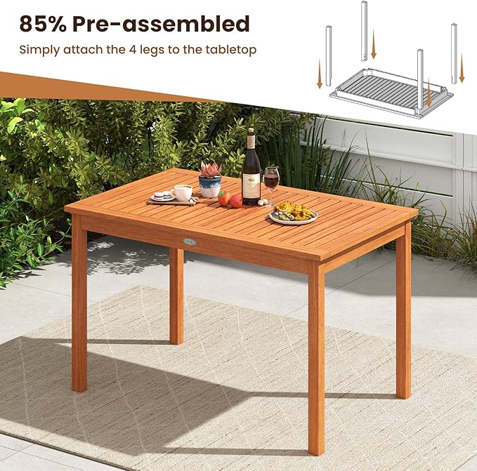 Tangkula 48 Inches Wood Outdoor Dining Table for 4-6 People, Rectangular Patio Table with Slatted Tabletop, Outside Dining Furniture for Lawn, Garden and Backyard