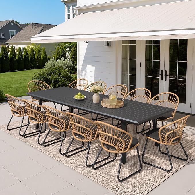 13 Piece Aluminum Outdoor Dining Set with Rattan Patio Chairs | 116" Large Rectangle Table with Umbrella Hole, 12 Shell Shaped Side Chairs with Black Cushions for Backyard Garden Deck
