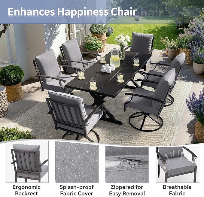 Kullavik 7 Pieces Outdoor Dining Set,Patio Dining Table and Chairs Set for 6,Fence Pattern Back Swivel Chairs with Thickened Cushions & X-Frame Metal Dining Table with Umbrella Hole for Patio,Grey