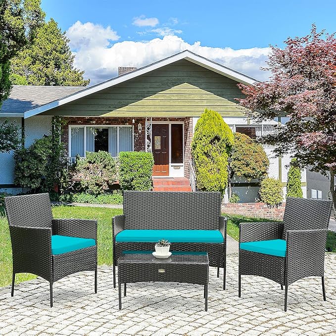 HAPPYGRILL 4 Pieces Patio Furniture Set Rattan Wicker Conversation Set with Tempered Glass Top Table, Outdoor Wicker Sofa Set with Removable Cushions for Poolside Garden Backyard