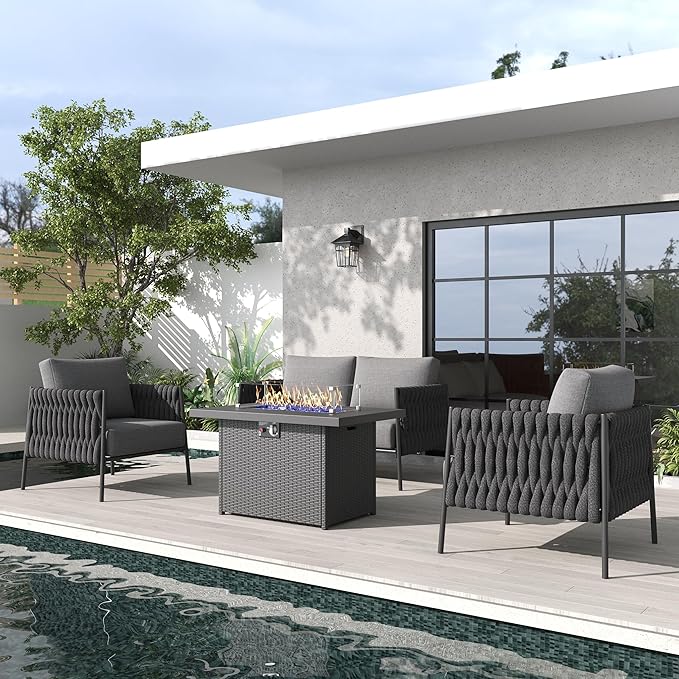 LayinSun 4 Piece Outdoor Furniture Set with Fire Pit Table, Modern Rope Woven Patio Conversation Sofa Set with Olefin Braid and Deep Seating