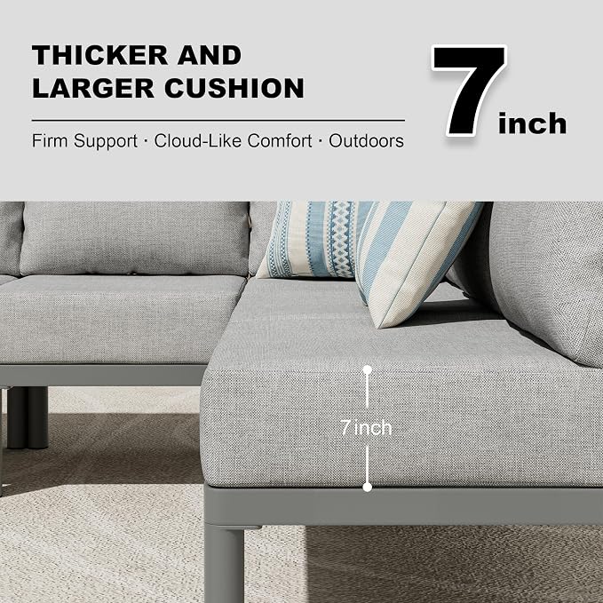 Patio Furniture Set for 6 seat, Aluminum Outdoor Sectional Sofas with 7 Inch Olefin Cushion and Glass Coffee Table, Modern Outdoor Conversation Sets for Porch, Backyard, Sunroom, L-Shaped, Gray