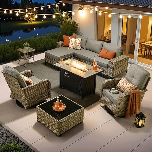 ovios 9-Piece Patio Furniture Set with L-Shape Sofa Chaise, Outdoor Sectional Couch Swivel Gliders Fire Pit Table, Modern Modular Wicker Rattan Conversation Set, Dark Grey