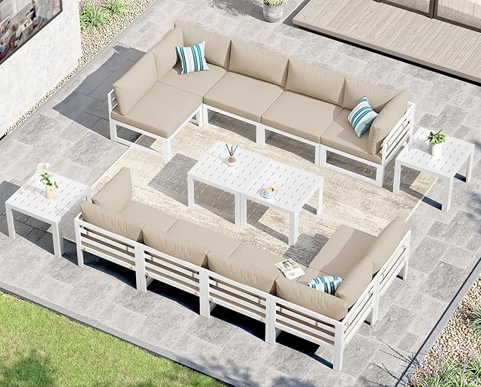 NICESOUL 14 Piece XL Aluminum Patio Sectional Furniture Set with Side Table, 500 lbs Heavy Duty Anti-Rust Outdoor Couch, 29" Extra Deep Wide Seating, High End Conversation Sofa for Poolside, Beige