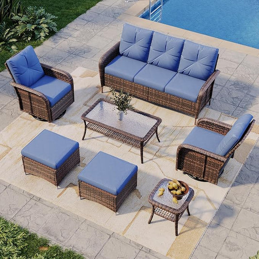 Aoxun 7-Piece Patio Furniture Set with Thick Cushions, Wicker Rattan Outdoor Sectional Sofa with High Back Swivel Rocker Chairs, Outdoor Patio Furniture Set with Coffee Table & Ottoman, Blue