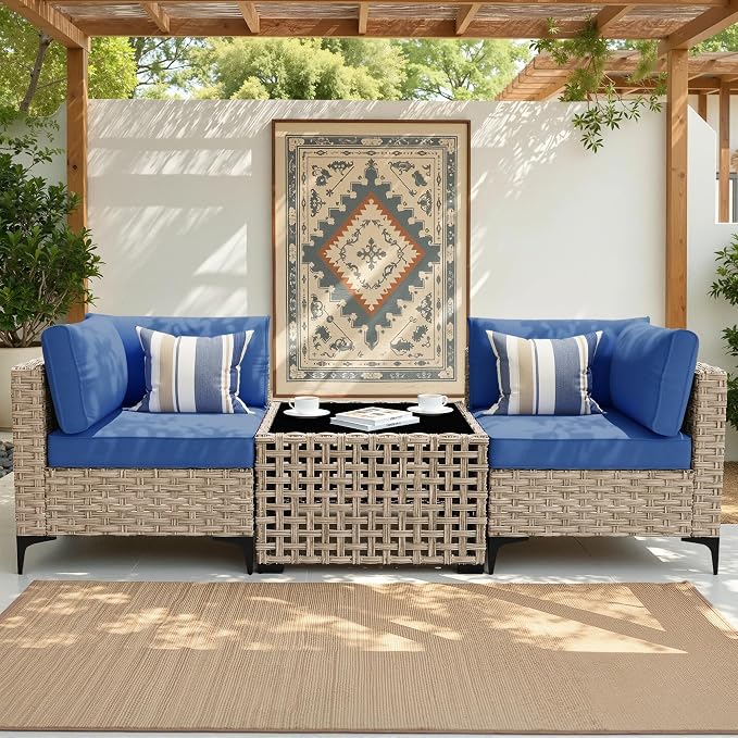 3 Pieces Patio Sectional Furniture Set, Outdoor Wicker Sectional Couch with Solar Lights Table, Modern Conversation Set for Porch Balcony Backyard, Navy Blue
