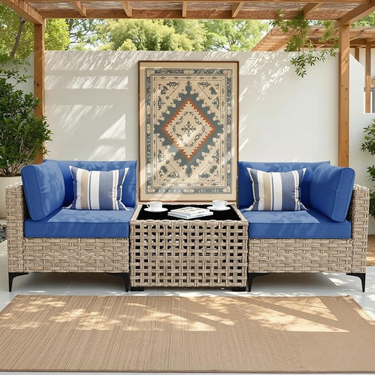 3 Pieces Patio Sectional Furniture Set, Outdoor Wicker Sectional Couch with Solar Lights Table, Modern Conversation Set for Porch Balcony Backyard, Navy Blue