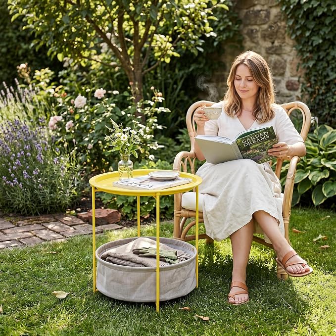 VECELO Round Side/End Table with Fabric Storage Basket，Metal Anti-Rust and Waterproof Small Bedside Nightstand with Removable Tray Top for Living Room，Balcony & Laundry，Yellow /2pcs with Basket