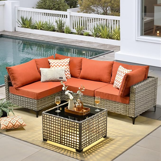 5 Pieces Patio Furniture Set with Solar Light Coffee Table, All-Weather Rattan Outdoor Sectional Conversation Sets L Shaped Sofas for Outside Porch Balcony Backyard Coarse Stripes Red