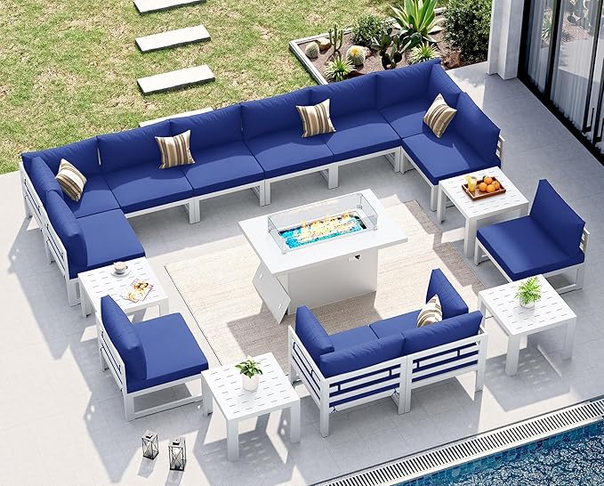 NICESOUL 17 Pcs Large Aluminum Patio Furniture Set with Fire Pit Table Propane/Gas, 500 lbs Heavy Duty Outdoor Sectional Sofa with Side Table, L Shaped Conversation Couch for Garden Lawn, Navy Blue