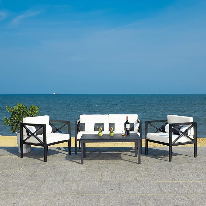 Safavieh Outdoor Nunzio Black and Beige 4-Piece Patio Set (Pillows Included)