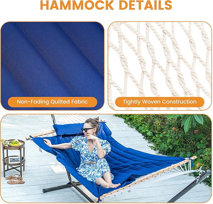 Lazy Daze Hammocks Rope Hammock with Pad, Spreader Bar, Carabiners, Tree Straps, Chains for Outside Patio- Max 450 Lbs, Navy Blue