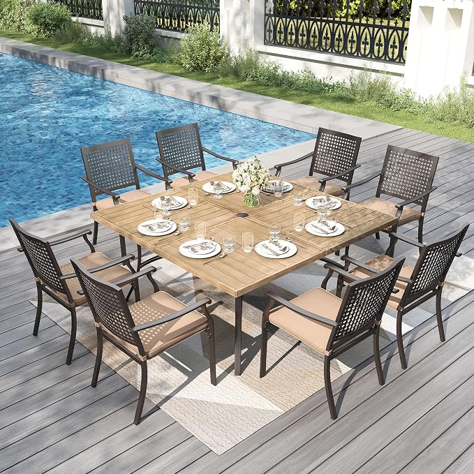 PHI VILLA Outdoor Dining Set for 8, Square Metal Table w/Umbrella Hole | 9 pcs 57.5" brown wrought iron furniture set w/ cushions. All weather for patio, deck, yard, porch