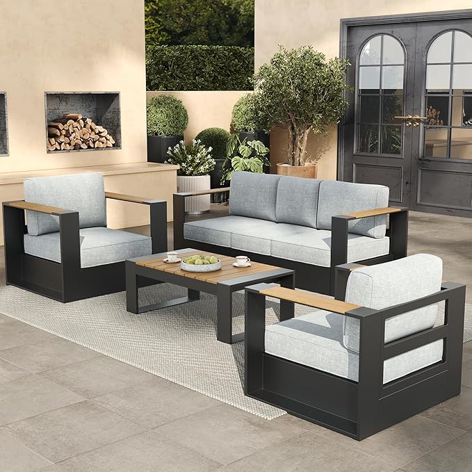 Aluminum Patio Furniture Set, 5 Seats Luxury Seating Furniture with Coffee Table, All Weather Outdoor Conversation Sets with 6" Thickened Cushions