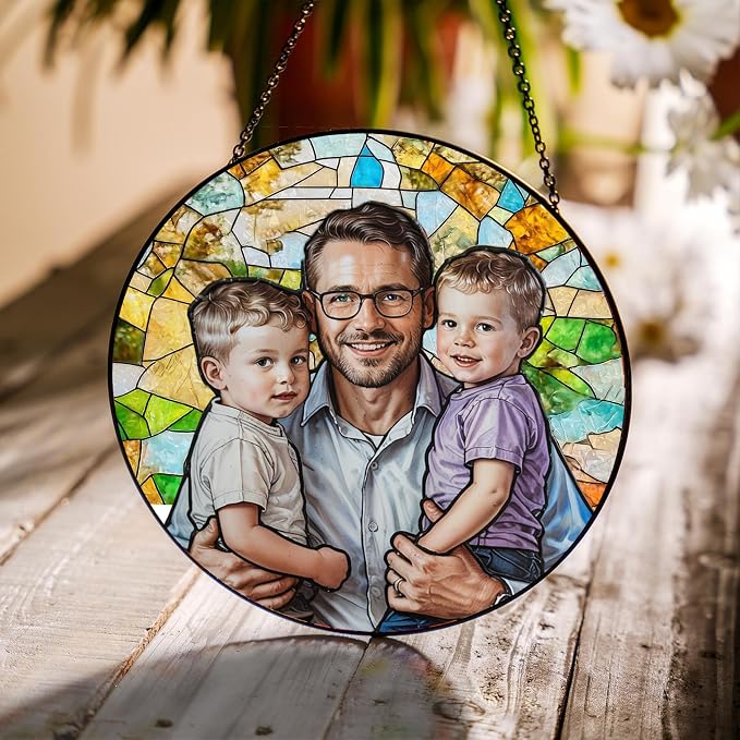 LOVELYPOD Personalized Dad Stained Glass Sun Catcher, Photo Family Portrait Faux Window Hanging Ornament, Custom Photo Gift for Dad from Son Daughter, Grandpa Gifts