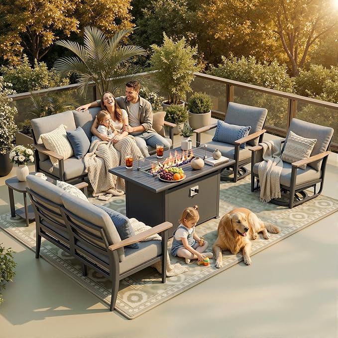 7-Seat Outdoor Patio Furniture Set with Rocking Swivel Chair, Aluminum Sectional Sofa Patio Conversation Set with 55,000 BTU Fire Pit Table & High Backrest & Thickened Cushions, Grey