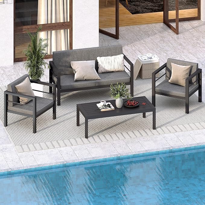 4 Piece Modern Aluminum Patio Furniture Set, Outdoor Metal Seating Sets, Patio Sectional Conversation Set with Soft Cushion and Coffee Table (4 Piece Set)