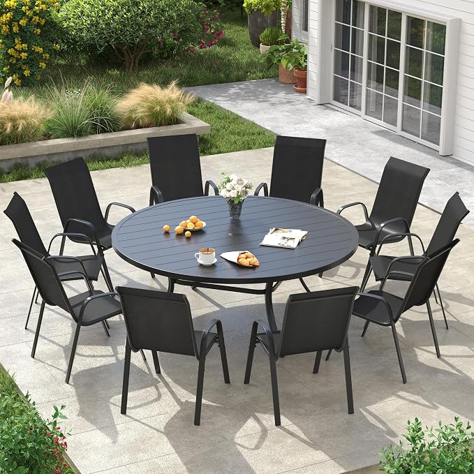 VICLLAX Round Patio Dining Set for 10, Metal Slatted Patio Table with Umbrella Hole and Stackable Patio Chairs for Deck Lawn Garden, Black Fabric and Black Tabletop