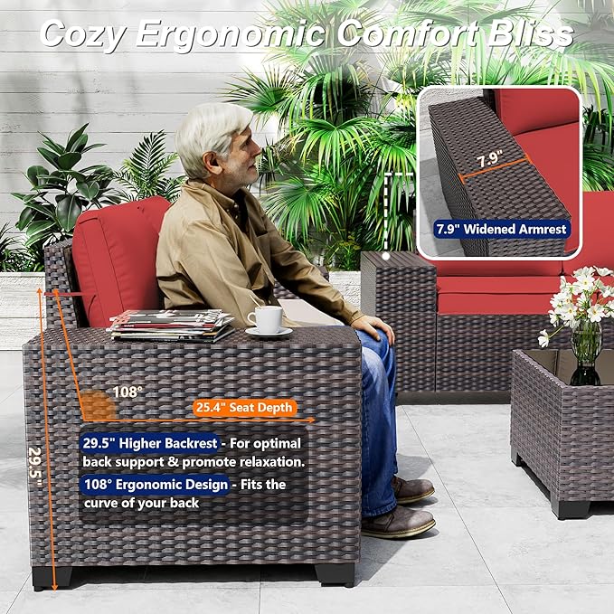 Outdoor Patio Furniture Set, 12 Pieces Outdoor Sectional Furniture High Backrest Patio Sofa, All-Weather PE Rattan Patio Conversation Set with Coffee Table & Cushions(Red).