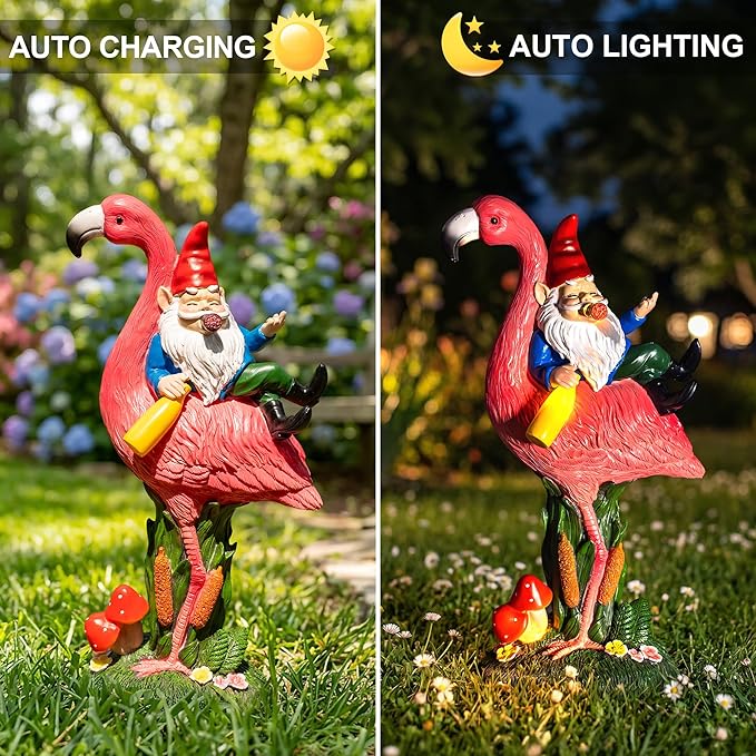 Candieslife Funny Garden Gnome Riding Flamingo Statue - Solar Powered LED Light Up Yard Art, Weatherproof Outdoor Lawn Ornament Decor for Patio Porch Lawn, Housewarming Birthday Gift for Men Women