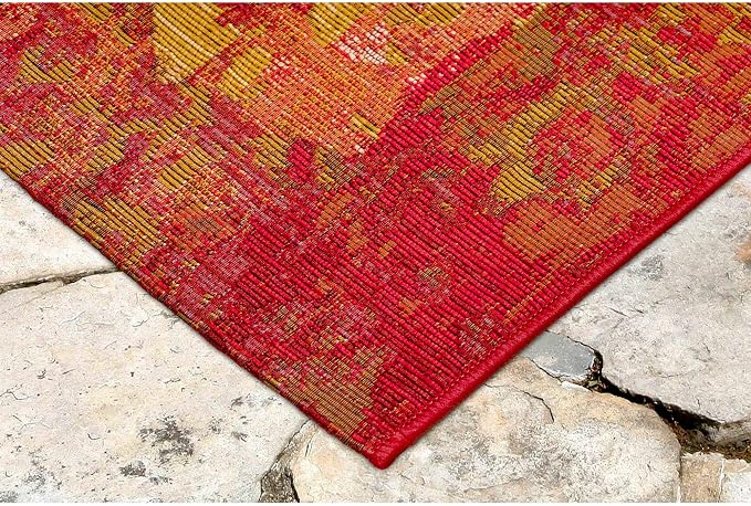 Liora Manne Marina Indoor/Outdoor Power Loomed Synthetic Blend Low Profile Area Rug - Traditional Medallion Casual Colorful (Kermin Saffron) (1'11" x 7'6")