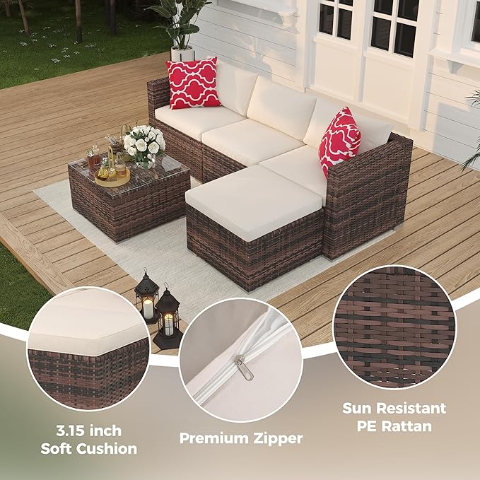 5 Piece Outdoor Patio Furniture Set, Rattan Deck Conversation Sofa Set with Non-Slip Cushions, All-Weather Sectional Sofa with Glass Storage Table and Balcony Footstool, Poolside, Garden, Brown+White