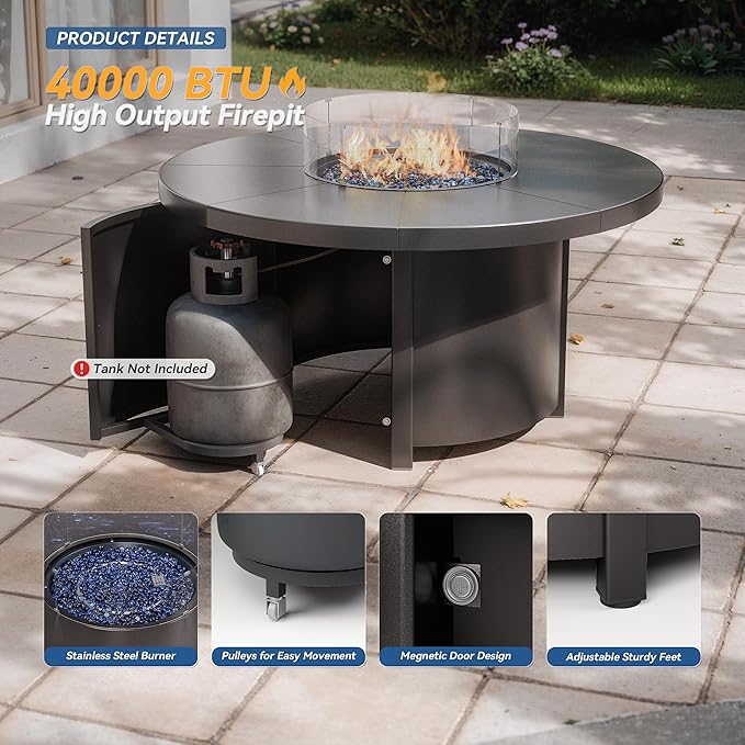Kurapika 7 Piece Outdoor Conversation Sets, Patio Furniture Set, 6 Textilene Fabric Swivel Chairs and w/48in Propane Round Fire Pit Table for Deck Garden Backyard Porch,Brown