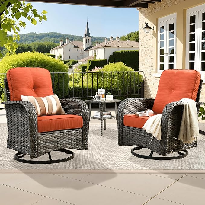 ovios 3-Piece Patio Furniture Set, Outdoor Wicker Sofa with Swivel Chairs, High Back Rattan Gliders Rocker with Comfy Cushions for Porch Yard Deck, Orange Red