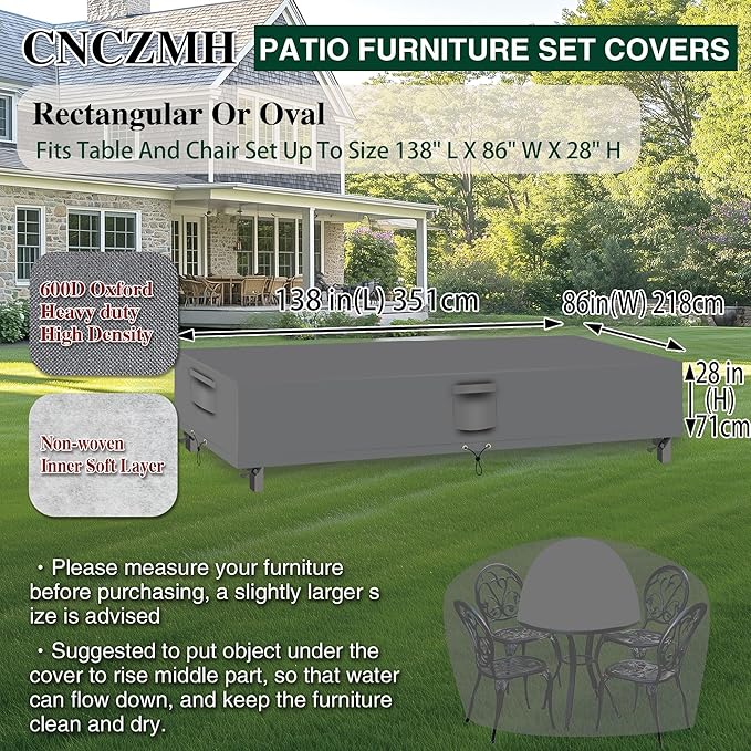 Heavy Duty Patio Furniture Covers Waterproof, 600D Outdoor Furniture Cover Waterproof for Sectional Sofa Couch, Outdoor Dining Table and Chair Set Covers 138''L x 86''W x 28''H, Grey