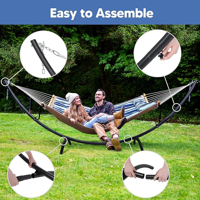 SUNCREAT Portable Outdoor Hammock with Stand, Double Hammock with Stand for Outside, Patent Pending, Blue & White