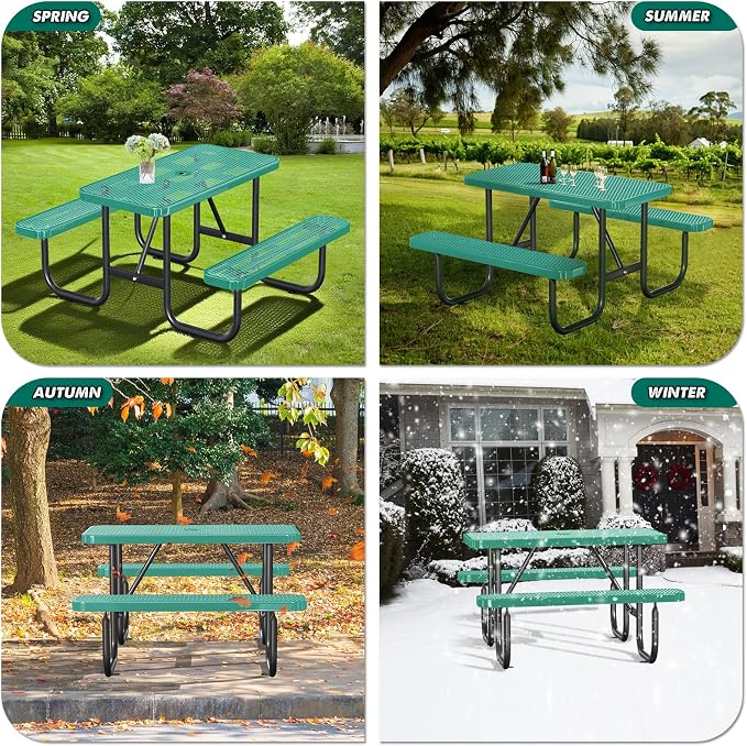 4FT/48IN Heavy Duty Outdoor Picnic Table and 2 Benches for 2-6 People, Weather Resistant Rectangular Steel Picnic Table Set with Umbrella Hole for Yard Patio Lawn Party Green