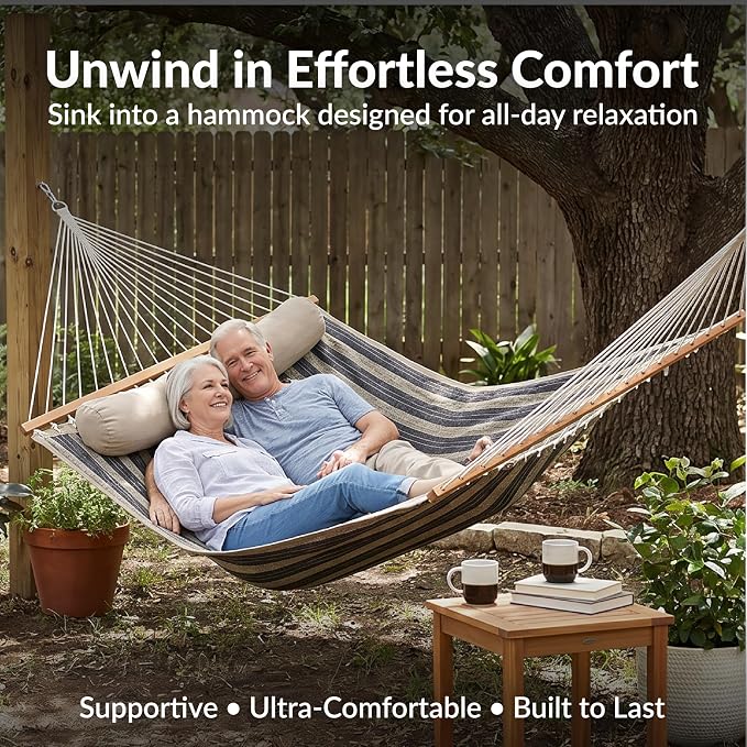 Sunnydaze Quilted Double Hammock with Stand for Outside - 440 lb Capacity Universal Black Steel Stand - UV Resistant, Quick Dry Fabric - Pillow, Chains, and Hardware Included - Mountainside