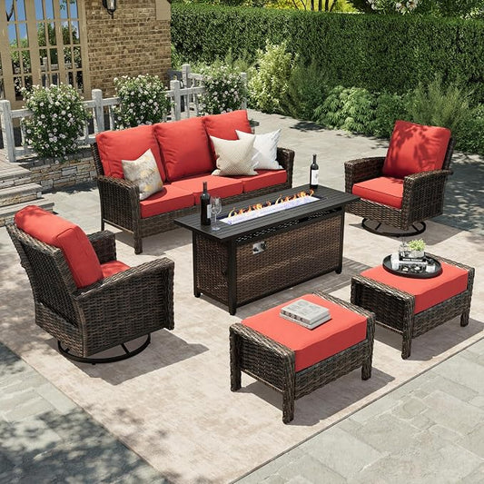 HERA'S HOUSE Red Patio Furniture Set, 6-Piece Outdoor Seating Conversation Sets with High Back Wicker Sofa, Swivel Chairs with 5.5" Thick Cushions, Fire Pit Table & Ottomans for Deck Yard Garden