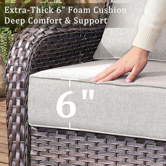 Luxury High Back Outdoor Furniture with 6-Inch Thick Cushions, Patio Furniture Set with Swivel Chairs, 5 PCS Wicker Conversation Set for Porch, Balcony, Deck and Yard