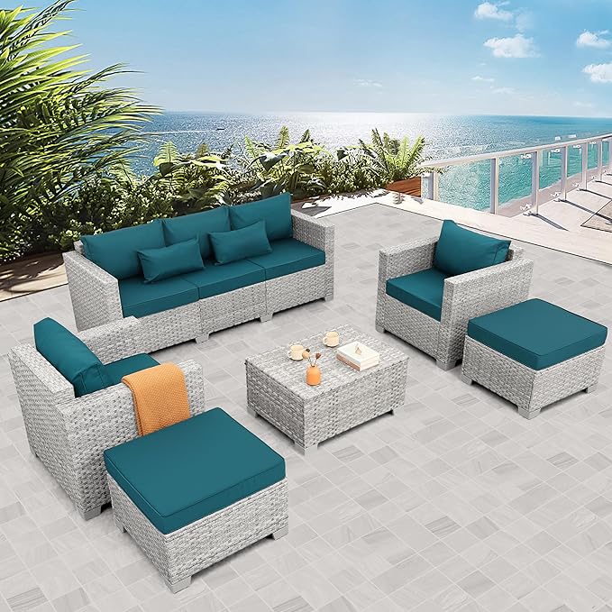 WAROOM Patio Furniture Set 6 Piece PE Rattan Outdoor Conversation Sets Grey Wicker Couch Sectional Sofa with Storage Coffee Table and Peacock Blue Cushion