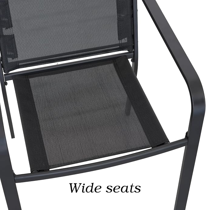Anmutig 3-Piece Outdoor Dining Set, Small Metal Bistro Table with 2 Stackable Sling Chairs, 27.5 x 27.5 Inch Round Table, Black Fabric