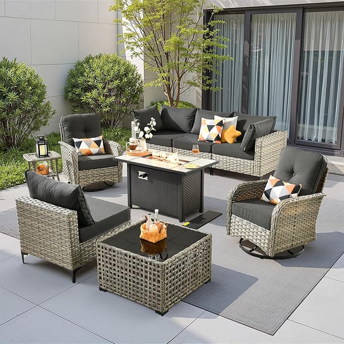 9 Pieces Outdoor Sectional Patio Furniture Set with 42" Fire Pit,Conversation Sets Rattan Wicker L Shaped Couch Swivel Rocking Chairs,Modular Outdoor Sofa for Porch Balcony Backyard Black