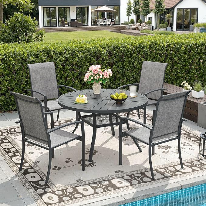 DIFY 5 Pieces Outdoor Dining Set, Metal Patio Table and Chairs Set for 4 with Umbrella Hole, 40.6" Round Dining Table and Textilene Stackable Patio Chairs for Garden Backyard Poolside, Grey